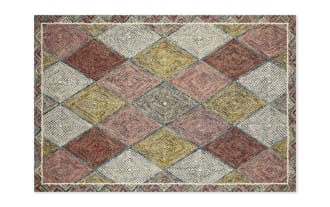 Katyusha 8' x 10' Pink Geometric Rug in wool with vibrant multicolored diamond pattern featuring pink, berry, blush, gray, olive, and blue tones, handcrafted contemporary area rug for living room or bedroom decor.