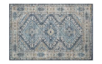 Geritt 3' x 8' Denim Oriental Runner rug with traditional old-world design in multicolored denim, teal, gray, and taupe polyester fabric.