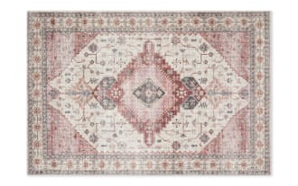 Traditional Lyudmila 5' x 8' Ivory Oriental Rug with berry, blush, charcoal, and gold accents, made of durable polyester fabric.