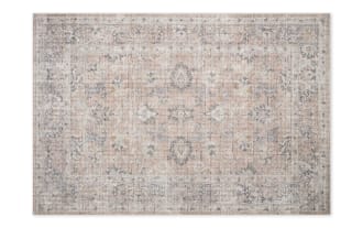 Traditional Candis 2' x 4' Blush Oriental Rug with classic old-world floral motifs in blush, gray, ivory, and charcoal polyester fabric.