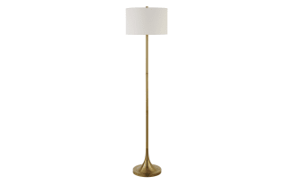 Cubs 62'' Brass Floor Lamp with white linen French drum shade, brass steel tulip-shaped base, contemporary style for living room or office lighting.