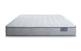 Affinity Hybrid 9'' Twin Firm Mattress with breathable quilted knit cover, gray fabric sides, and Bob-O-Pedic memory foam lumbar layer for firm support and pressure relief.