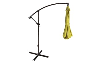 Astin 10' lime green outdoor cantilever umbrella with polyester fabric canopy, steel frame, 360-degree rotation, tilt, and air-vented top for wind resistance.