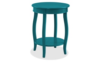 Transitional Loudain Blue round end table with MDF and rubberwood solids, featuring saber cabriole tapered legs and a lower shelf for storage.