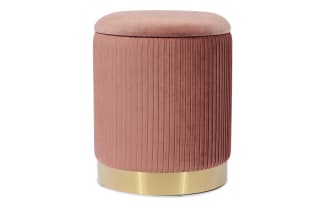 Contemporary Rain Blush Velvet Storage Ottoman in pink velvet fabric with vertical pleats, satin gold stainless steel base, and hidden storage.