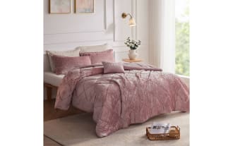Hawken King/California King blush velvet reversible 4-piece comforter set in glam style, featuring plush pink velvet microfiber fabric for a luxurious bedroom look.