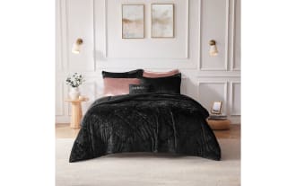 Hawken King/California King black velvet reversible 4-piece comforter set in glam style, made of soft polyester microfiber fabric, with plush texture and solid black color.