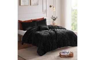 Hawken King/California King black velvet reversible 4-piece comforter set in glam style, made of soft polyester microfiber fabric, with plush texture and solid black color.