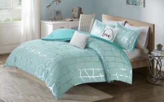 Tina King California King 5-piece comforter set in turquoise blue microfiber polyester with silver geometric metallic print, white and black accent pillows, contemporary style.