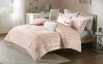 Tina King California King 5-piece comforter set in blush pink microfiber with gold geometric metallic prints, white and gold polka dot accent pillows, and contemporary style.