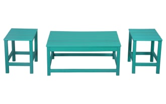 Paloma 3 Piece Turquoise Outdoor Adirondack Table Set with two small square side tables and one rectangular coffee table in weather-resistant high-density plastic.