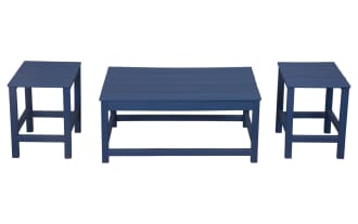 Paloma 3 Piece Navy Blue Outdoor Adirondack Table Set with two small square side tables and one rectangular coffee table, made of weather-resistant high density plastic in a contemporary style.