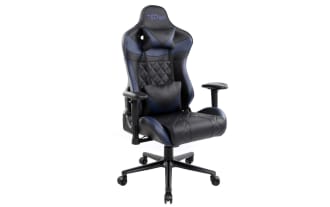 Thomas Ergonomic Blue Gaming Chair with black and blue polyurethane upholstery, memory foam cushions, steel frame, lumbar and neck support, contemporary style.