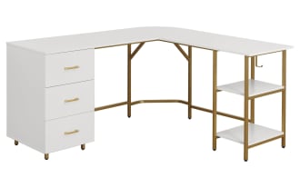 Kyla White & Gold 3 Drawer L-Shaped Desk