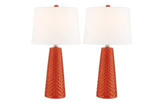 Norah Orange Table Lamp set of 2 with textured ceramic bases in vibrant orange and white fabric drum shades, contemporary style lighting.