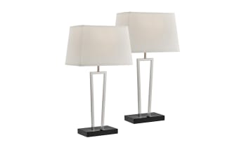 Set of 2 Stella Brushed Nickel Table Lamps with geometric metal bases, rectangular white fabric shades, and USB charging ports, contemporary style.