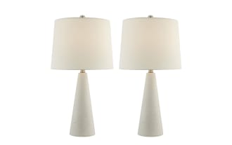 Set of 2 Karter white table lamps with angled ceramic bases and white linen fabric shades, contemporary style for bedside or living room.