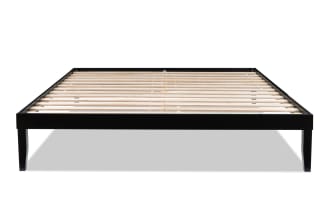 Phoebe King Black Solid Wood Platform Bed with solid pine slats, contemporary style, low-profile frame, and 11.5” underbed storage space.