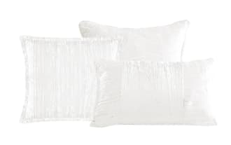 Zoey Queen White Solid Velvet 7 Piece Comforter Set featuring metallic crinkle polyester velvet fabric in white, glam style with matching shams and decorative pillows.