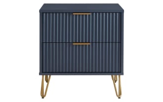 Delilah Blue 2 Drawer Nightstand in contemporary style with vertical ribbed MDF drawer fronts, navy blue finish, and splayed gold metal legs for bedside storage.