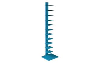 Darin Blue Tower Shelf in contemporary style, made of powder-coated iron with multiple staggered blue shelves, ideal for books, towels, or plants.