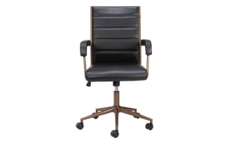 Everette Black Faux Leather Adjustable Swivel Office Chair with mid-century modern design, black polyurethane upholstery, padded armrests, and power-coated steel base with casters.