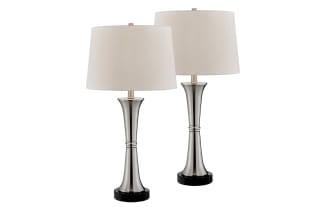 Set of 2 Ferrara Brushed Nickel Table Lamps with white fabric shades, sleek metal candlestick bases, and built-in USB ports in contemporary style.