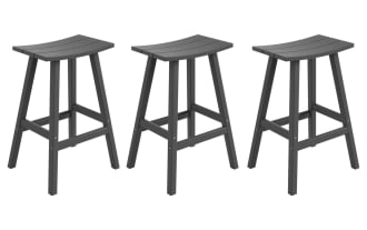 Set of 3 Paloma Gray Backless Outdoor Bar Height Stools with curved rectangular seats, high-density plastic, and transitional style for patio seating