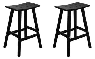 Set of 2 Paloma Black Backless Outdoor Bar Height Stools, transitional style with curved rectangular seats, made of durable high-density plastic