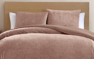 James King Blush 3 Piece Comforter Set in blush pink polyester fabric with pre-washed chenille texture, transitional style bedding with decorative pillows.