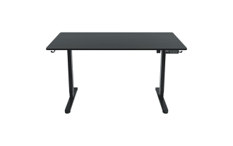Adjustable black standing desk with a spacious rectangular tabletop, sturdy metal frame, and electronic height control panel for ergonomic workspace.
