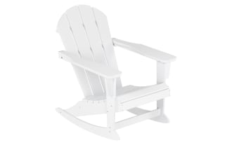 Paloma White Outdoor Adirondack Rocking Chair in high-density plastic, transitional style with high back and wide armrests for durable outdoor comfort.