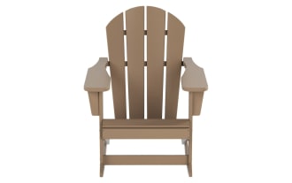 Paloma Distressed Brown Outdoor Adirondack Rocking Chair in transitional style, made of high-density plastic with high back and wide armrests for durable comfort.