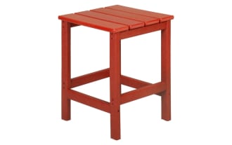 Paloma Red Outdoor Adirondack Side Table in high density plastic, transitional style, vibrant red finish, compact square top for patio use.