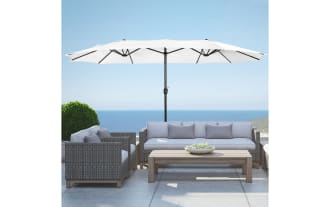 Delany White 9' Twin Outdoor Umbrella in white polyester fabric with steel and stainless steel frame, extra-large transitional style for poolside or deck shade.