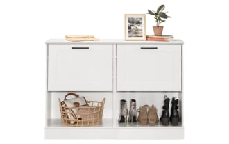 Dover White 2 Door Shoe Cabinet in contemporary style, engineered wood grain, white finish, tilt-out doors, adjustable dividers, holds 12 pairs of shoes.