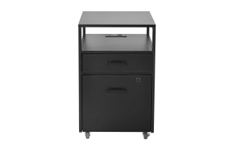 Arabella Black 2 Drawer File Cabinet with steel frame, particle board shelves, nylon caster wheels, built-in USB port and power outlet, contemporary style.