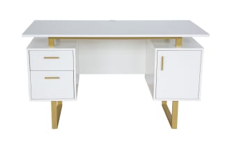 Contemporary Avalon White & Gold 2 Drawer Desk with MDF top, steel legs, floating workstation, two drawers, and file cabinet for organized home office.