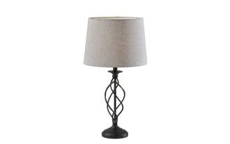 Mirza Light Gray & Black Table Lamp with a gray linen fabric shade and black steel open spiral base, showcasing contemporary style and elegance.