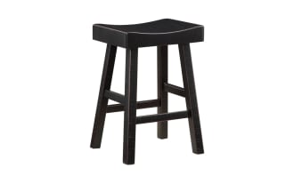 Set of 2 Alicia Black rustic backless counter stools in solid rubberwood with saddle-style seats and subtle distressed finish for kitchen use.