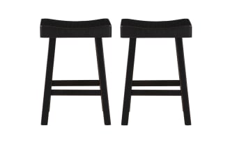 Set of 2 Alicia Black rustic backless counter stools in solid rubberwood with saddle-style seats and subtle distressed finish for kitchen use.