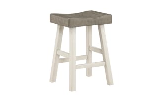 Set of 2 Alicia White & Gray rustic backless counter stools with saddle-style gray rubberwood seats and white distressed legs.
