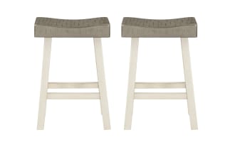 Set of 2 Alicia White & Gray rustic backless counter stools with saddle-style gray rubberwood seats and white distressed legs.