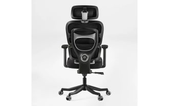 Ergonomic black mesh office chair with adjustable headrest, lumbar support, armrests, and five-wheel base for swivel mobility.