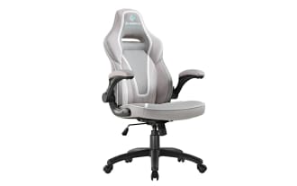 Eureka ergonomic gaming chair in gray and white with cushioned armrests, high backrest, breathable fabric, and adjustable height on caster wheels.
