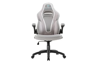 Eureka ergonomic gaming chair in gray and white with cushioned armrests, high backrest, breathable fabric, and adjustable height on caster wheels.