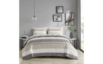 Santos Full Taupe 7 Piece Striped Comforter Set in contemporary tan tones with taupe, gray, light gray, and white polyester fabric, featuring wide horizontal stripes and a plush, cozy design for enhanced bedroom comfort.