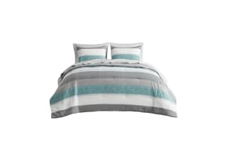 Santos Full Aqua 7 Piece Striped Comforter Set in aqua, gray, light gray, and white polyester fabric. Contemporary style with wide horizontal stripes for a modern bedroom look.