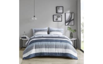 Santos Full Blue 7 Piece Striped Comforter Set in blue, light blue, gray, and white polyester fabric with contemporary wide horizontal stripes for a cozy, stylish bedroom.