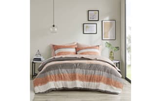 Santos Full Terracotta 7 Piece Striped Comforter Set in orange, gray, light gray, and white polyester fabric with contemporary wide stripes design.